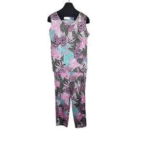 Vintage 70s 2 Pce Pants Suit Sleeveless Top Geometric Womens Size L Pink Polyest